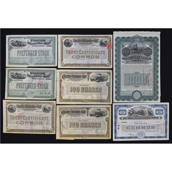 Oklahoma and Gulf Region Railroad Stock and Bond Certificates, Including S/N 2, ca.1890s to 1940s