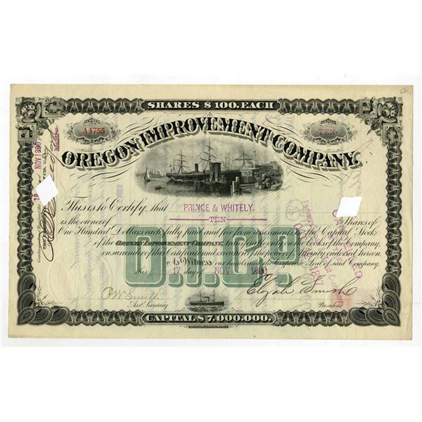 OR. Oregon Improvement Co., 1890, I/C Stock Certificate