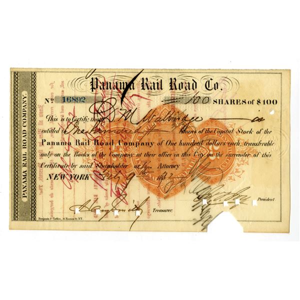 Panama. Panama Rail Road Co., 1872, /IC Stock Certificate With Imprinted Revenue RN U-1
