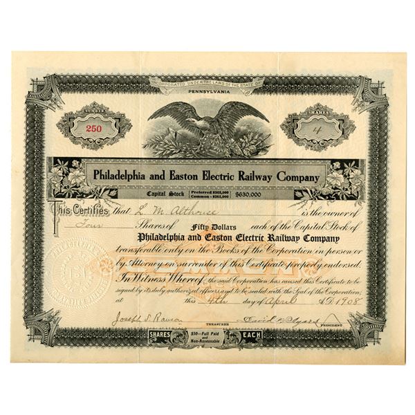 PA. Philadelphia and Easton Electric Railway Co., 1908, I/U Stock Certificate.