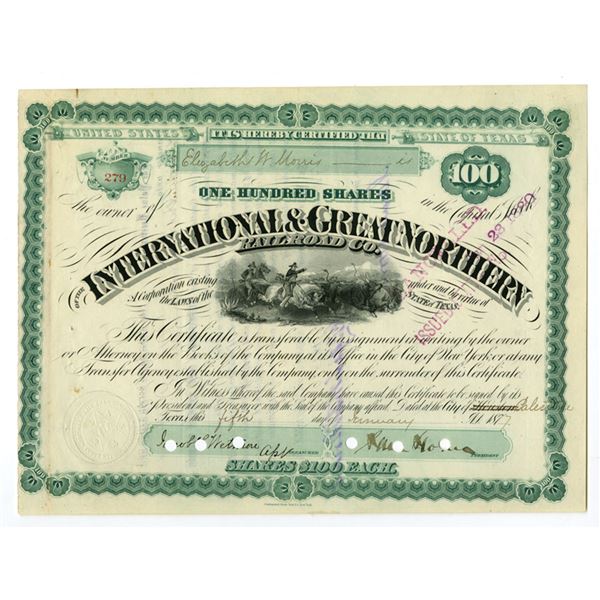 TX. International & Great Northern Railroad Co., 1877, I/C Stock Certificate.