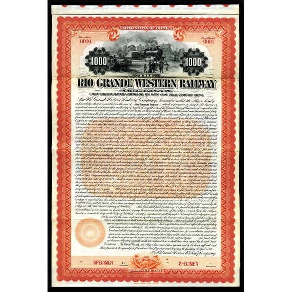 Utah. Rio Grande Western Railway Co. 1899 Specimen Gold Coupon Bond.