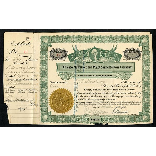 Chicago, Milwaukee & Puget Sound Railway Co. 1908 I/C Stock Certificate.