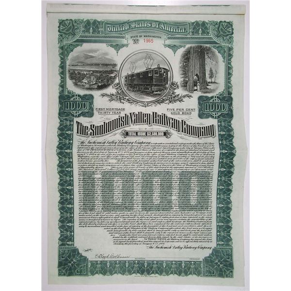 WA. Snohomish Valley Railway Co., 1906 $1000 U/U 5% Coupon Bond, VF SBN