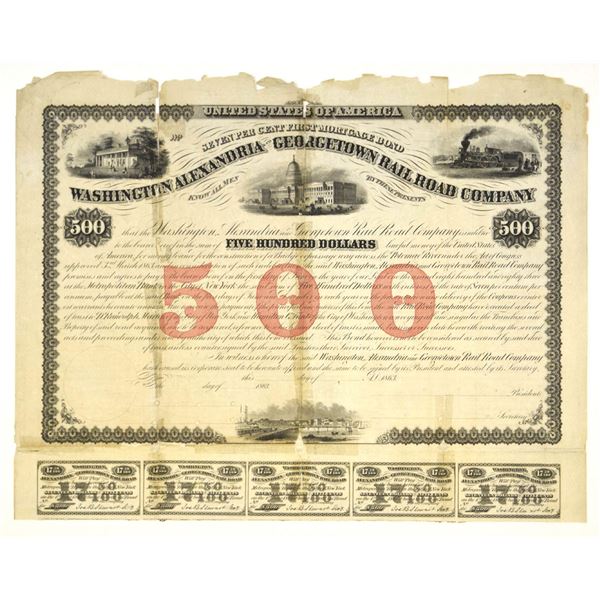Washington, Alexandria and Georgetown Railroad Co. 1863 Unique Specimen Bond.