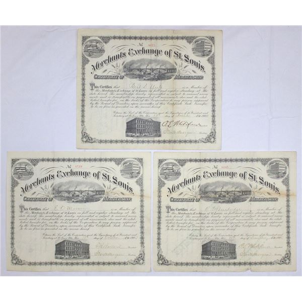 MO. Merchants Exchange of St. Louis, 1900, Membership Certificate Trio