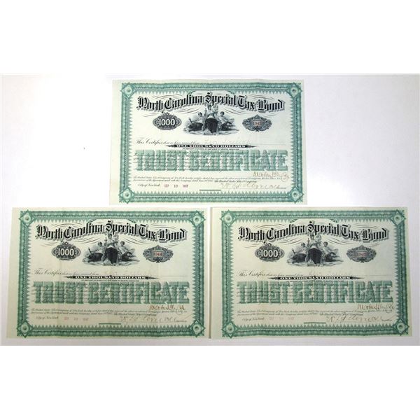 NC. North Carolina Special Tax Bond, 1887, Issued Bond Trio.