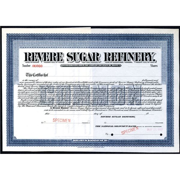 ME. Revere Sugar Refinery, 1907 Specimen Stock Certificate.