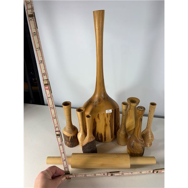 Group of Hand-Turned Wooden Vases and Rolling Pin