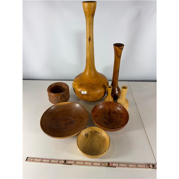 Large Hand-Turned Wooden Vessel with Smaller Vases