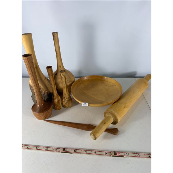 Hand-Turned Wooden Plate and Rolling Pin