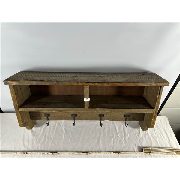 Wood Wall Shelf and Rustic Storage Bin with Hooks