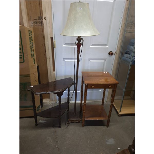 Floor Lamp with Shade and Two Wooden Side Tables