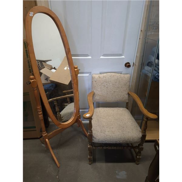 Standing Cheval Mirror and Upholstered Wooden Armchair