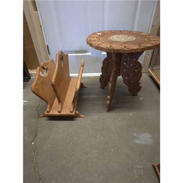 Carved Wooden Side Table and Wooden Magazine Rack