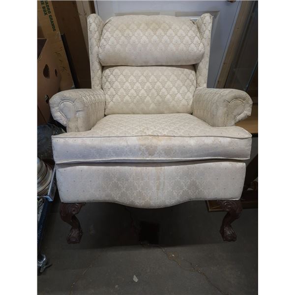 Upholstered Wingback Armchair with Carved Wooden Legs