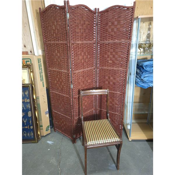 Three-Panel Wicker Folding Screen with Wooden Chair