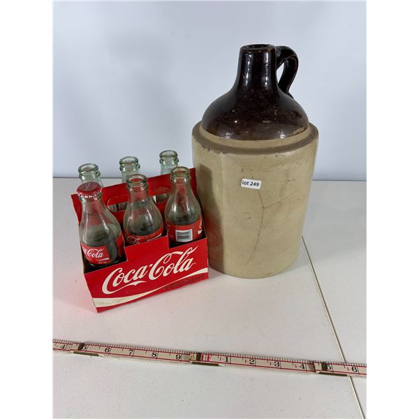 Stoneware Jug with Coca-Cola Bottle Carrier and Bottles