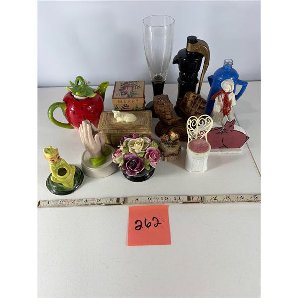 Mixed Decorative Collectibles Including Glassware, Figurines, and Boxes