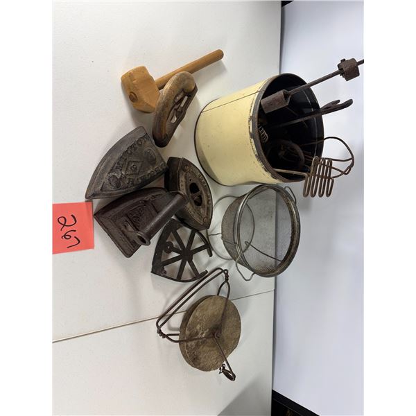 Mixed Vintage Kitchen and Utility Tools Including Irons and Strainers