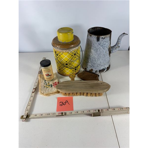 Mixed Vintage Kitchen and Household Items Including Tin and Enamelware