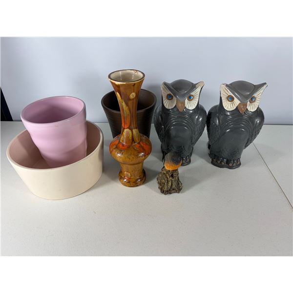 Mixed Decorative Ceramics Including Vases, Planters, and Owl Figures