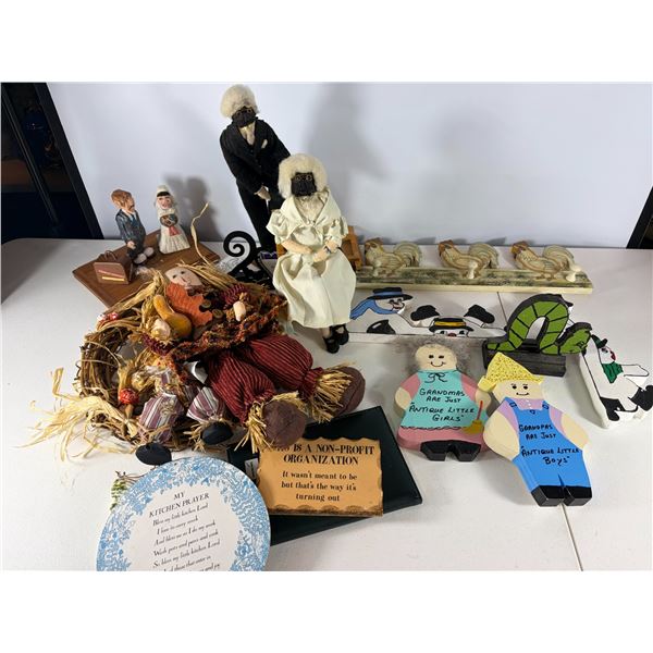 Collection of Folk Art Figurines, Dolls, and Decorative Signs