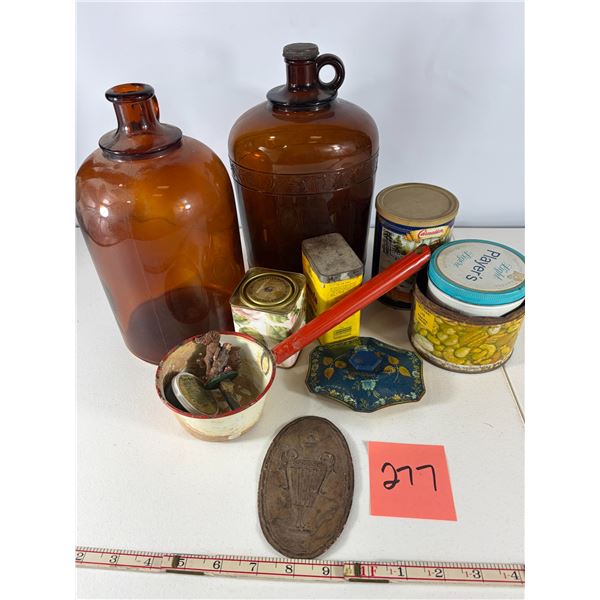 Mixed Vintage Bottles, Tins, and Kitchen Collectibles