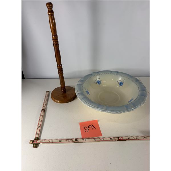 Wooden Paper Towel Holder and Blue Floral Serving Bowl