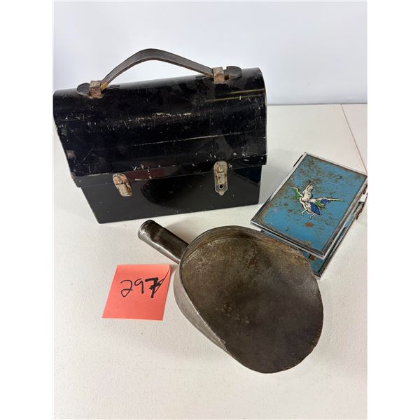 Vintage Metal Lunch Pail, Funnel, and Tin Boxes