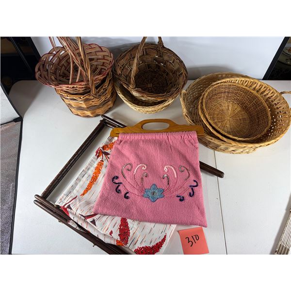 Assorted Woven Baskets and Decorative Bag