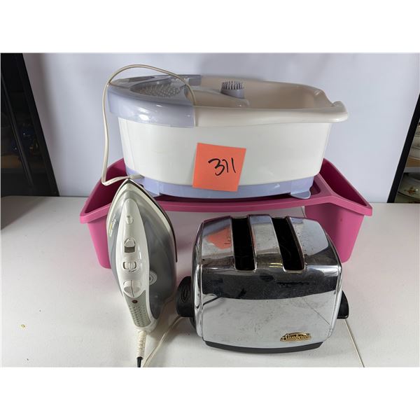 Group Lot: Toaster, Steam Iron, and Foot Spa Basin