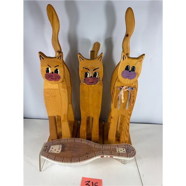 Carved Wooden Cat Figures with Cribbage Board