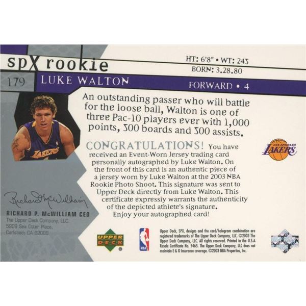 LA Lakers Luke Walton signed rookie card and jersey swatch