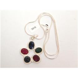 Sterling Necklace Sapphire, Ruby & Emerald Pendant