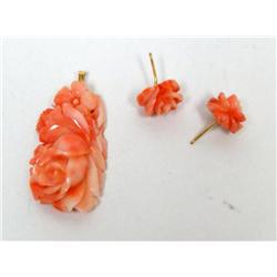 Coral Hand Carved Flower Design Pendant & Earrings