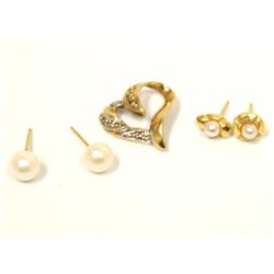 Diamonds Heart Pendant & White Pearl Earrings