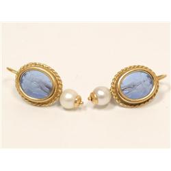 AAA Blue Topaz & White Pearl Ladies Earrings