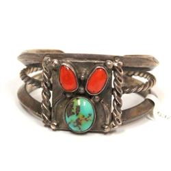 HANDMADE Navajo Indian Turquoise & Coral Hand Engr
