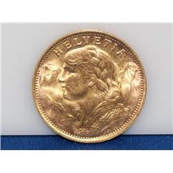 1935 Swiss Helvetia 20 Franc Gold Coin