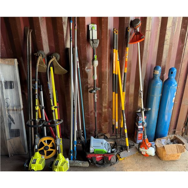 Multiple Landscape Tools:  String Trimmers,  EGO Charger, Compressed Gas Cylinders, Rakes, Hoes, etc
