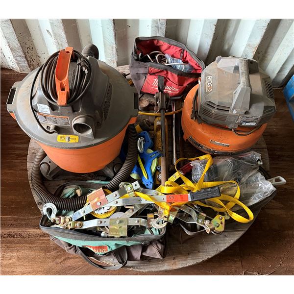 Contents of Pallet: 2 Ridgid Shop Vacs, Cable Pullers, Straps, etc  (Untested - As Is) P/U Mon 2/23