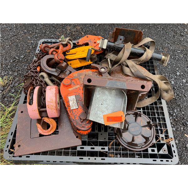 Contents of Pallet: Renfroe JPA Plate Clamp, Chain Hoist, Hooks, Shackles