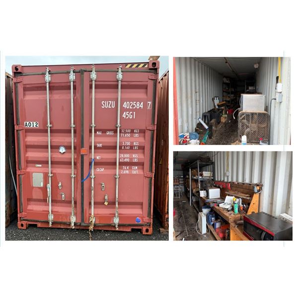 Red 40' Shipping Container & Contents:  Work Shop w/ Table, Tools, Shelves, Hardware, Cords, etc
