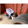 Image 19 : Yellow 20' Shipping Container & Contents: Tires, Shelves, Water Bottles, etc