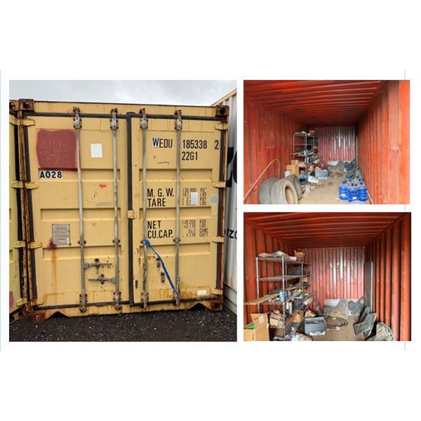 Yellow 20' Shipping Container & Contents: Tires, Shelves, Water Bottles, etc