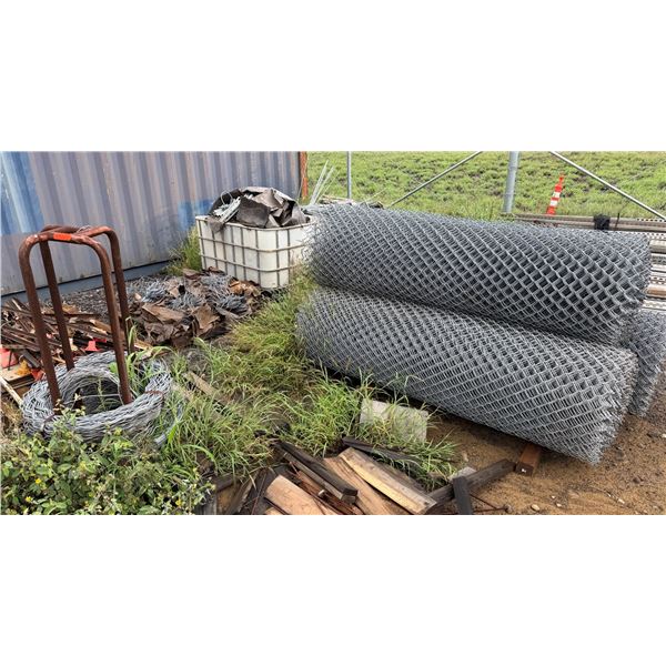 Qty 3 Rolls Chain-Link Fencing 84"H, Coil Wire on Stand, Bin Scaffolding Clamps, etc