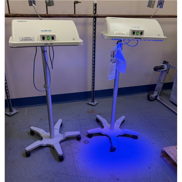 Qty 2 Natus Pediatrics NeoBlue LED Phototherapy Systems on Rolling Stands