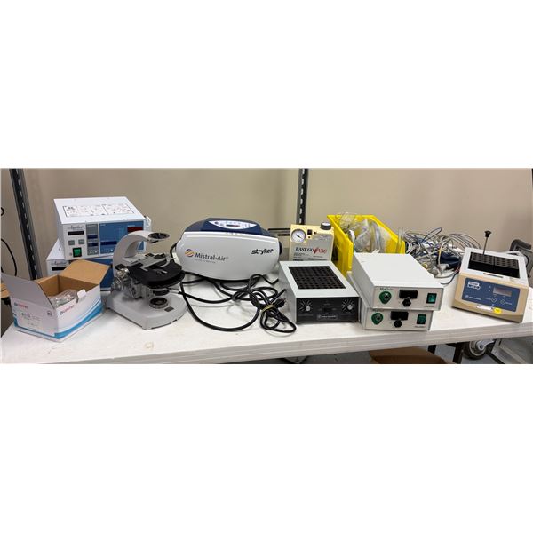 Qty 2 Aquilex Fluid Control Systems, Box Gentec Oxygen Regulators, Zeiss Microscope, Stryker Mistral