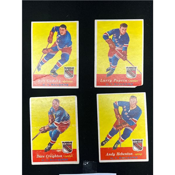 Lot of 4 1957 New York Rangers Trading Cards: Bill Gadsby, Andy Hebenton, Larry Popein, Dave Creight